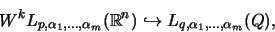 \begin{displaymath}W^k L_{p, \alpha_1, \ldots, \alpha_m}(\mathbb{R}^n)\hookrightarrow L_{q, \alpha_1, \ldots, \alpha_m}(Q),\end{displaymath}