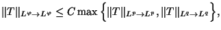 $\displaystyle \Vert T\Vert _{L^\varphi\to L^\varphi} \le
C\max \Big\{ \Vert T\Vert _{L^p\to L^p}, \Vert T\Vert _{L^q\to L^q} \Big\},
$