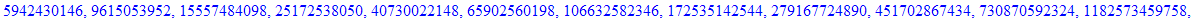 2, 4, 6, 10, 16, 26, 42, 68, 110, 178, 288, 466, 754, 1220, 1974, 3194, 5168, 8362, 13530, 21892, 35422, 57314, 92736, 150050, 242786, 392836, 635622, 1028458, 1664080, 2692538, 4356618, 7049156, 11405...